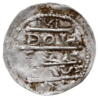 denar ok. 1157-1166, Aw: Książę siedzący na tron