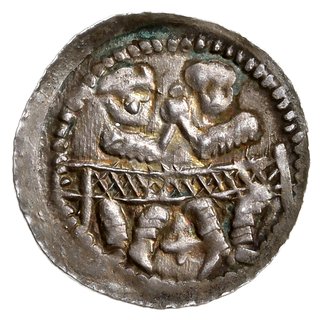 denar ok. 1146-1157, Aw: Dwaj książęta siedzący wspólnie za stołem, skierowani ku sobie trzymają wspólnie kielich, Rw: Rycerz stojący na wprost z proporcem i tarczą w dłoniach, obok +, srebro 0.48 g, Str. 59, Such XIX/2