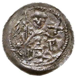 denar ok. 1146-1157, Aw: Dwaj książęta siedzący wspólnie za stołem, skierowani ku sobie trzymają wspólnie kielich, Rw: Rycerz stojący na wprost z proporcem i tarczą w dłoniach, obok +, srebro 0.48 g, Str. 59, Such XIX/2