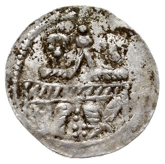 denar ok. 1146-1157, Aw: Dwaj książęta siedzący wspólnie za stołem, skierowani ku sobie trzymają wspólnie kielich, Rw: Rycerz stojący na wprost z proporcem i tarczą w dłoniach, obok +, srebro 0.52 g, Str. 59, Such XIX/2