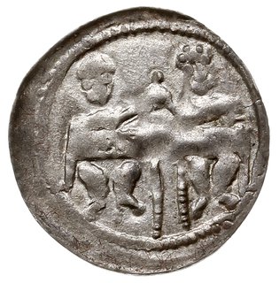denar ok. 1146-1157, Aw: Dwaj książęta siedzący wspólnie za stołem, skierowani ku sobie trzymają wspólnie kielich, Rw: Rycerz stojący na wprost z proporcem i tarczą w dłoniach, srebro 0.51 g, Str. 59, Such XIX/2