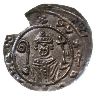 brakteat 1254 lub później, Popiersie biskupa w infule z pastorałem i krzyżem na wprost, po bokach dwie głowy w koronach, DVX BOLEZAVS, srebro 0.15 g, Str. 186, lekko wykruszony, ale piękny