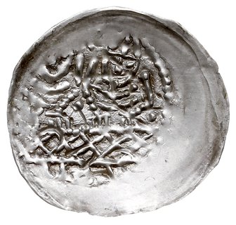 denar jednostronny, połowa XIII w., Dwie postacie unoszące na siebie oręż za stołem, srebro 0.20 g, Gum. Handbuch 238