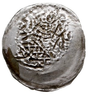 denar jednostronny, połowa XIII w., Dwie postacie unoszące na siebie oręż za stołem, srebro 0.20 g, Gum. Handbuch 238