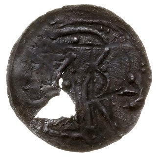 denar koniec XII w., Aw: Jeździec w prawo, Rw: M