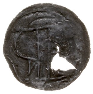 denar koniec XII w., Aw: Jeździec w prawo, Rw: Monogram PETRVS, srebro 0.29 g, Kop. 229, częściowo wykruszony, ale bardzo rzadki