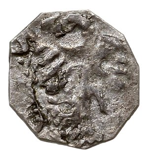 denar z lat 1364-1378, Gniewkowo, Aw: Herb Kujaw - pół lew, pół orzeł, wokoło napis, Rw: Korona, wokoło napis, srebro 0.13 g, Paszk. 11