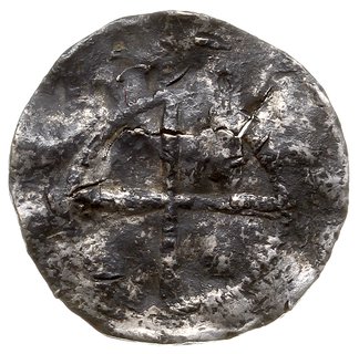 Naśladownictwo (dość prymitywne) denara Ottona III i Adelajdy, Aw: Krzyż, w polach kulki, wokoło imitacja napisu, Rw: Krzyż, w polach O-D-D-O, wokoło imitacja napisu, srebro 1.32 g, patyna, gięty