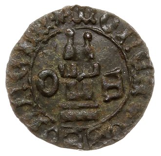 halerz m. Oświęcimia, 1445-53, Aw: Wieża, po bokach G - S, wokoło napis, Rw: Orzeł na wprost z głową w lewo, wokoło napis, srebro 0.29 g, Fbg 488, patyna