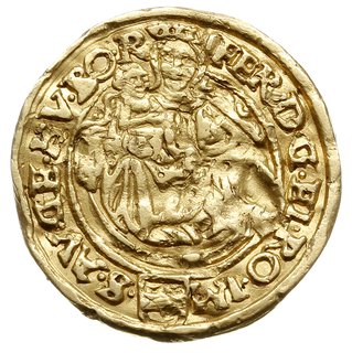 Ferdynand I - dukat 1562, Krzemnica z kontrasygnatą oblężniczą - herb Gdańska w owalnej tarczy, złoto 3.45 g, stempli z herbem miasta zbuntowani gdańszczanie używali do kontrasygnowania monet złotych podczas oblężenia Gdańska przez wojska króla Stefana Batorego. Złote monety z kontrasygnatą spotykane są niezmiernie rzadko, lekko pogięty egzemplarz, stara patyna
