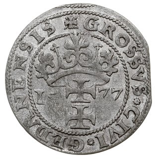 grosz oblężniczy 1577, Gdańsk, wybity w czasie gdy zarządcą mennicy był K. Goebl, na awersie głowa Chrystusa nie przerywa wewnętrznej obwódki i dwie gwiazdki kończą napis, T. 2.50, ładnie zachowany