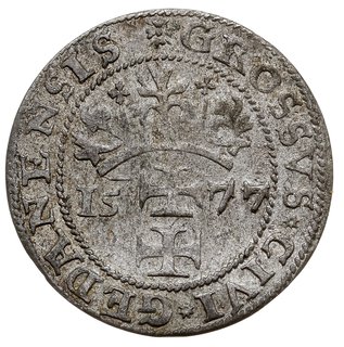 grosz oblężniczy 1577, Gdańsk, wybity w czasie gdy zarządcą mennicy był K. Goebl, na awersie głowa Chrystusa nie przerywa wewnętrznej obwódki, bez gwiazdek kończących napis, T. 2.50, ładnie zachowany