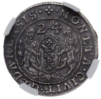 ort 1624/3, Gdańsk, na awersie końcówka napisu R PR, moneta w pudełku NGC z certyfikatem AU-58, patyna