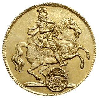 dukat wikariacki 1711, Drezno, Aw: Król na koniu, Rw: Dwa stoły z insygniami, złoto 3.46 g, Kahnt 281, Fr. 2822, ładnie zachowany