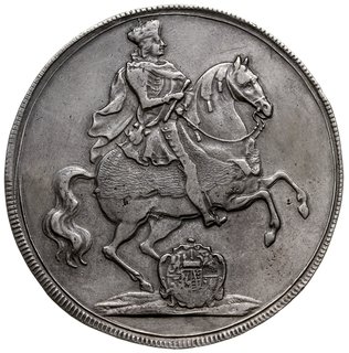 talar wikariacki 1711, Drezno, Aw: Król na koniu, Rw: Trzy stoły z insygniami koronacyjnymi, srebro 28.99 g, Kahnt 274, Schnee 1011, patyna