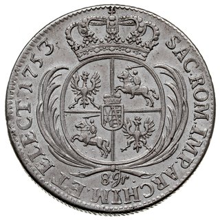 dwuzłotówka (8 groszy) 1753, Lipsk, odmiana -nominał 8 gr., Kahnt 681 war. b (wyższa korona króla), bardzo ładna