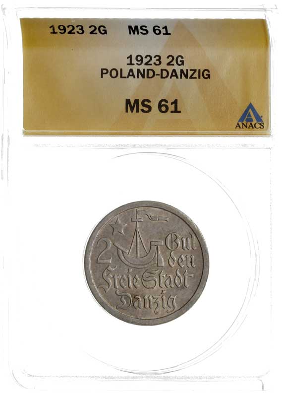 2 guldeny 1923, Utrecht, Koga, Parchimowicz 63.a, moneta w pudełku ANACS z certyfikatem MS61, patyna