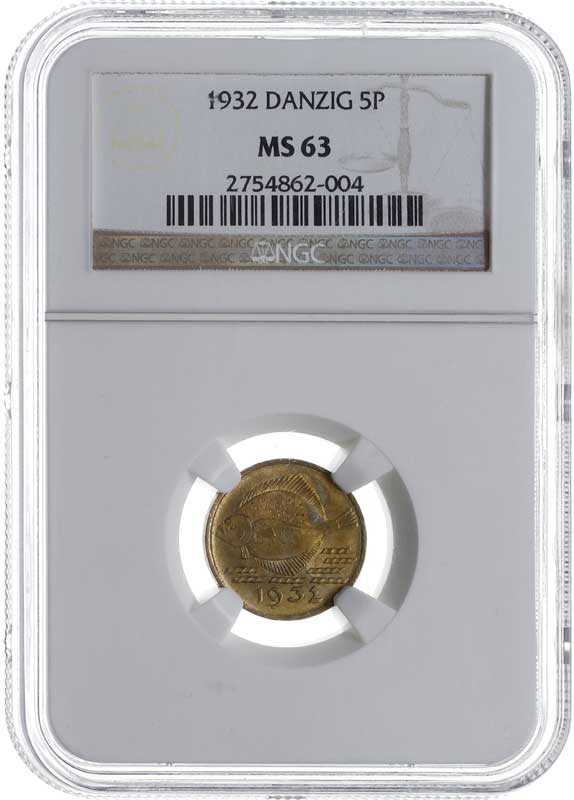 5 fenigów 1932, Berlin, Parchimowicz 56, moneta w pudełku NGC z certyfikatem MS 63