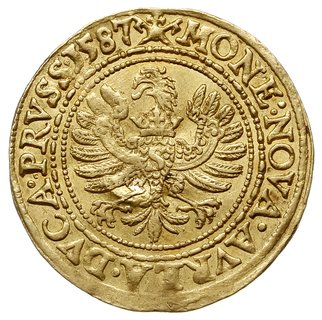 dukat 1587, Królewiec, Aw: Postać i napis, Rw: Orzeł i napis, złoto 3.45 g, Bahr. 1283, Fr. 315, minimalnie  gięty, patyna