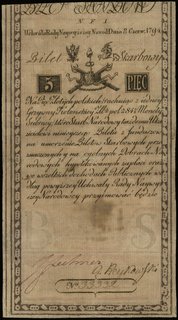 5 złotych polskich 8.06.1794, seria N.F.1, numeracja 33332, widoczny firmowy znak wodny, Miłczak A1a2, Lucow 7 (R4), po konserwacji