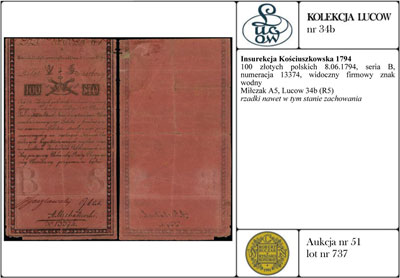 100 złotych polskich 8.06.1794, seria B, numeracja 13374, widoczny firmowy znak wodny, Miłczak A5, Lucow 34b (R5), rzadki nawet w tym stanie zachowania
