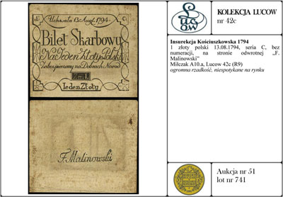 1 złoty polski 13.08.1794, seria C, bez numeracji, na stronie odwrotnej \F. Malinowski, Miłczak A10a