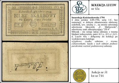 4 złote polskie 4.09.1794, seria 1-C, bez numera