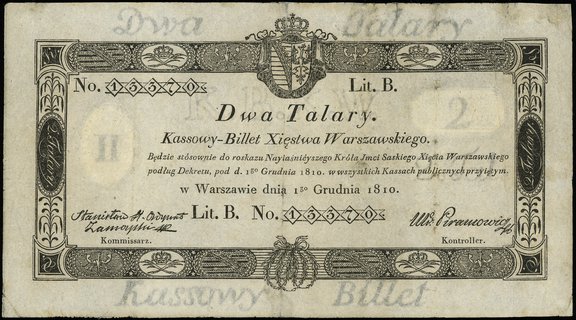 2 talary 1.12.1810, seria B, numeracja 13370, podpis komisarza \Stanisław H. Ordynat Zamoyski, brak stempla na stronie odwrotnej