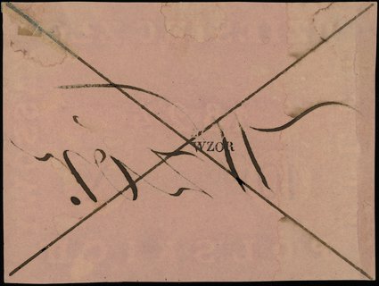 wzór papieru ze znakiem wodnym do banknotu 10 złotych emisji 1824, dwukrotnie przekreślony z odręcznym napisem \Wzór\" tuszem