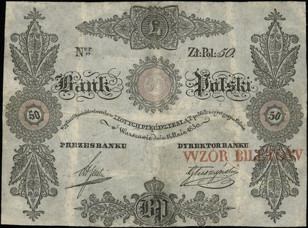 wzór strony głównej 50 złotych 1.05.1830, seria L, bez numeracji, podpis dyrektora banku \Głuszyński, czerwona pieczęć \"WZÓR BILETÓW, Miłczak - patrz A20