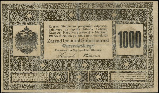 projekt niewprowadzonego do obiegu banknotu 1.000 (marek polskich) 9.12.1916, Ros. -, Miłczak - nie notuje, Lucow 307a (tom II, str. 286) - dołączony do kolekcji po wydrukowaniu katalogu, porwany, ale po konserwacji, bardzo rzadki