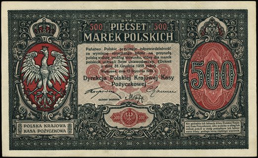 500 marek polskich 15.01.1919, bez oznaczenia serii, numeracja 264417, Miłczak 17, Lucow 312 (R5), rzadkie nawet w tym stanie zachowania