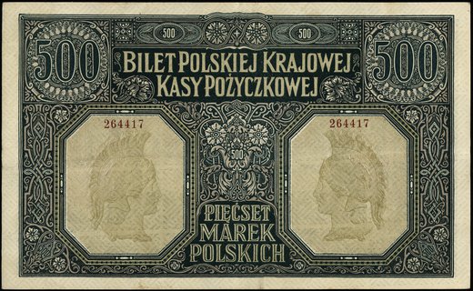 500 marek polskich 15.01.1919, bez oznaczenia serii, numeracja 264417, Miłczak 17, Lucow 312 (R5), rzadkie nawet w tym stanie zachowania