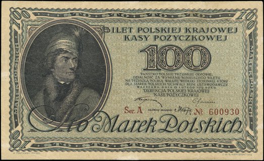 100 marek polskich 15.02.1919, seria A, numeracja 600930, Miłczak 18a, Lucow 316 (R3), pierwsza seria, nieco rzadsza