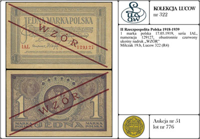 1 marka polska 17.05.1919, seria IAL, numeracja 129127, obustronnie czerwony ukośny nadruk \WZÓR, Miłczak 19b