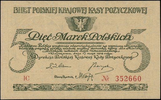 5 marek polskich 17.05.1919, seria IC, numeracja 352660, Miłczak 20c, Lucow 330 (R2), wyśmienicie zachowane