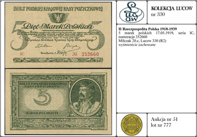 5 marek polskich 17.05.1919, seria IC, numeracja 352660, Miłczak 20c, Lucow 330 (R2), wyśmienicie zachowane