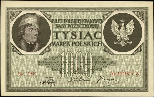 1.000 marek polskich 17.05.1919, seria ZAF. numeracja 244057 z gwiazdką, Miłczak 22h, Lucow 352 (R4) - ale nie notuje tej serii, małe zagięcia prawych rogów, bardzo ładny