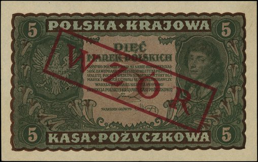 5 marek polskich 23.08.1919, seria II-DP, numeracja 878762, po obu stronach ukośny czerwony nadruk \WZÓR, Miłczak 24c
