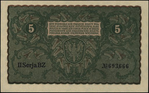 5 marek polskich 23.08.1919, seria II-BZ, numeracja 693666, Miłczak 24c, Lucow 368 (R0) - ilustrowane w katalogu kolekcji, piękne