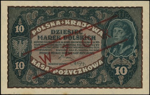 10 marek polskich 23.08.1919, seria II-DE, numeracja 592000, po obu stronach ukośny czerwony nadruk \WZÓR, Miłczak 25c