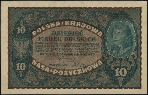 10 marek polskich 23.08.1919, seria II-S, numeracja 990970, Miłczak 25a, Lucow 373 (R1), ślady po podklejaniu