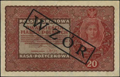20 marek polskich 23.08.1919, seria II-P, numeracja 037386, po obu stronach ukośny czarny nadruk \WZÓR, Miłczak 26a