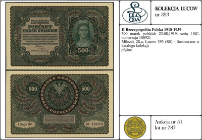 500 marek polskich 23.08.1919, seria I-BC, numeracja 108921, Miłczak 28a, Lucow 393 (R0) - ilustrowane w katalogu kolekcji, piękne