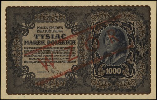 1.000 marek polskich 23.08.1919, seria III-AT, numeracja 818248, po obu stronach ukośny czerwony nadruk \WZÓR, Miłczak 29f