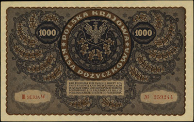1.000 marek polskich 23.08.1919, seria III-W, numeracja 259244, Miłczak 29e, Lucow 407 (R4), bardzo ładnie zachowane