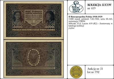 5.000 marek polskich 7.02.1920, seria III-AO, numeracja 278994, Miłczak 31d, Lucow 419 (R2) - ilustrowany w katalogu kolekcji, piękne