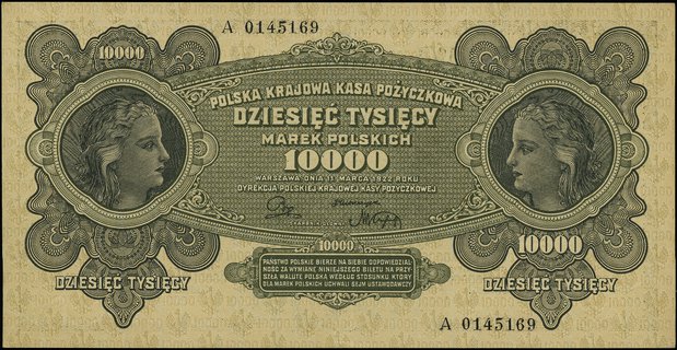 10.000 marek polskich 11.03.1922, seria A, numeracja 0145169, Miłczak 32, Lucow 422 (R3), ładnie zachowane