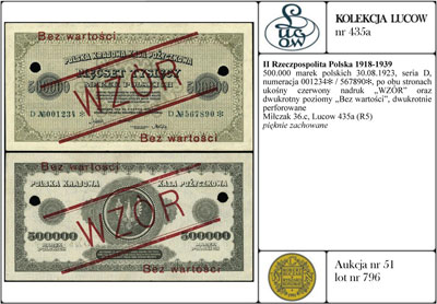 500.000 marek polskich 30.08.1923, seria D, numeracja 001234✻ / 567890✻, po obu stronach ukośny czerwony nadruk \WZÓR\" oraz dwukrotny poziomy \"Bez wartości, dwukrotnie perforowane