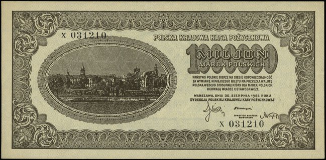 1.000.000 marek polskich 30.08.1923, seria X, numeracja 031210, Miłczak 37a, Lucow 453 (R4), rzadkie w tak pięknym stanie zachowania